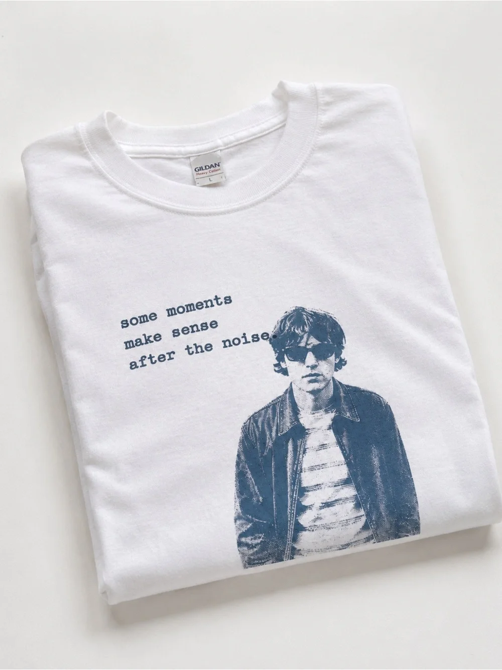 Gildan 5000 White Short-Sleeve Tee with Blue Graphic Photo Print Streetwear